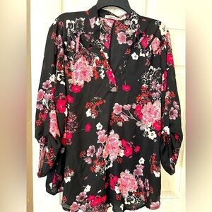 NWOT Liberty Love Black Top with Pink, purple and white Floral Design